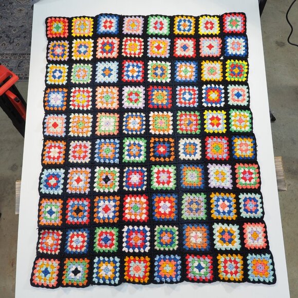 Vintage Granny Square Throw Blanket Handmade Crochet Grandma Cottage Country